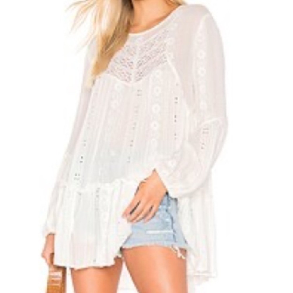 Free People Kiss Kiss Tunic Women XS Ivory‎ Lace Eyelet Embroidered Boho Top